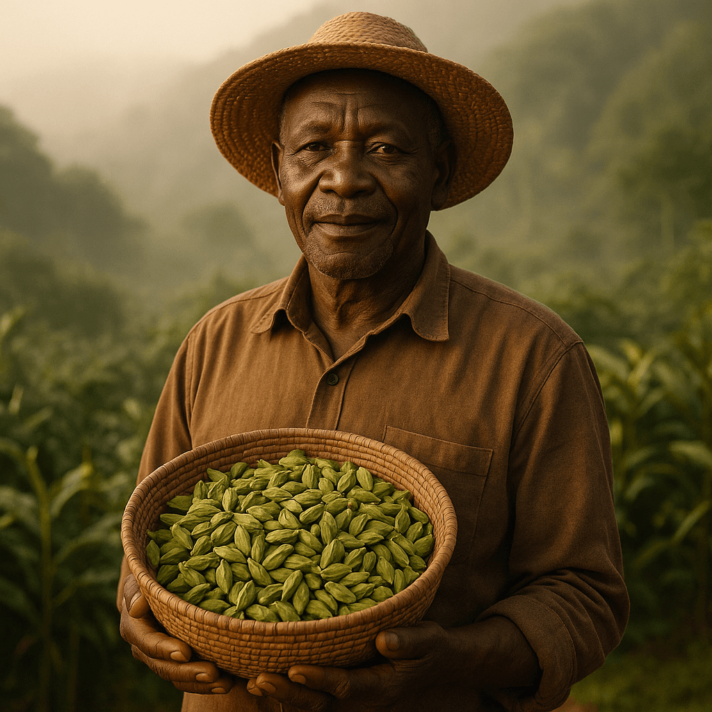 A Tanzanian cardamom grower cupping freshly picked green pods