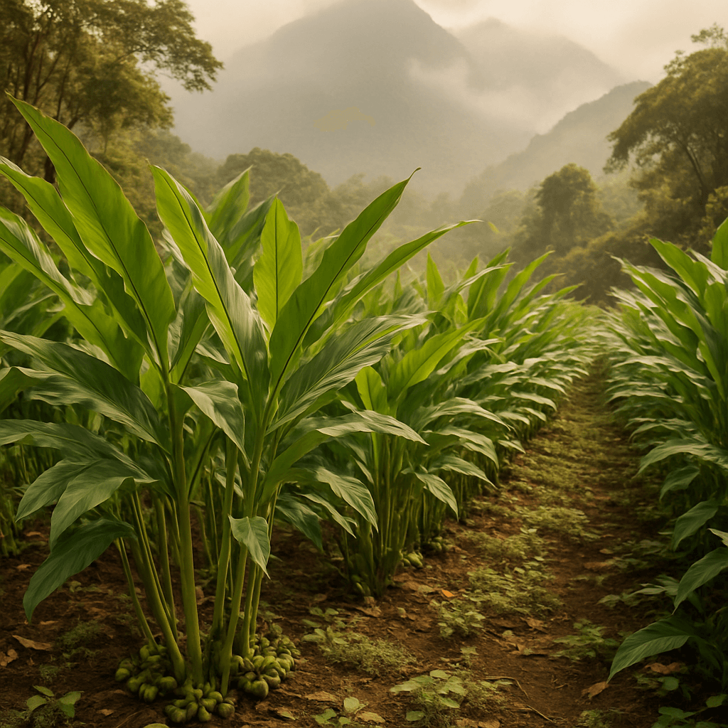 A shaded cardamom garden on a Tanzanian highland slope, pods forming at the base of the stems