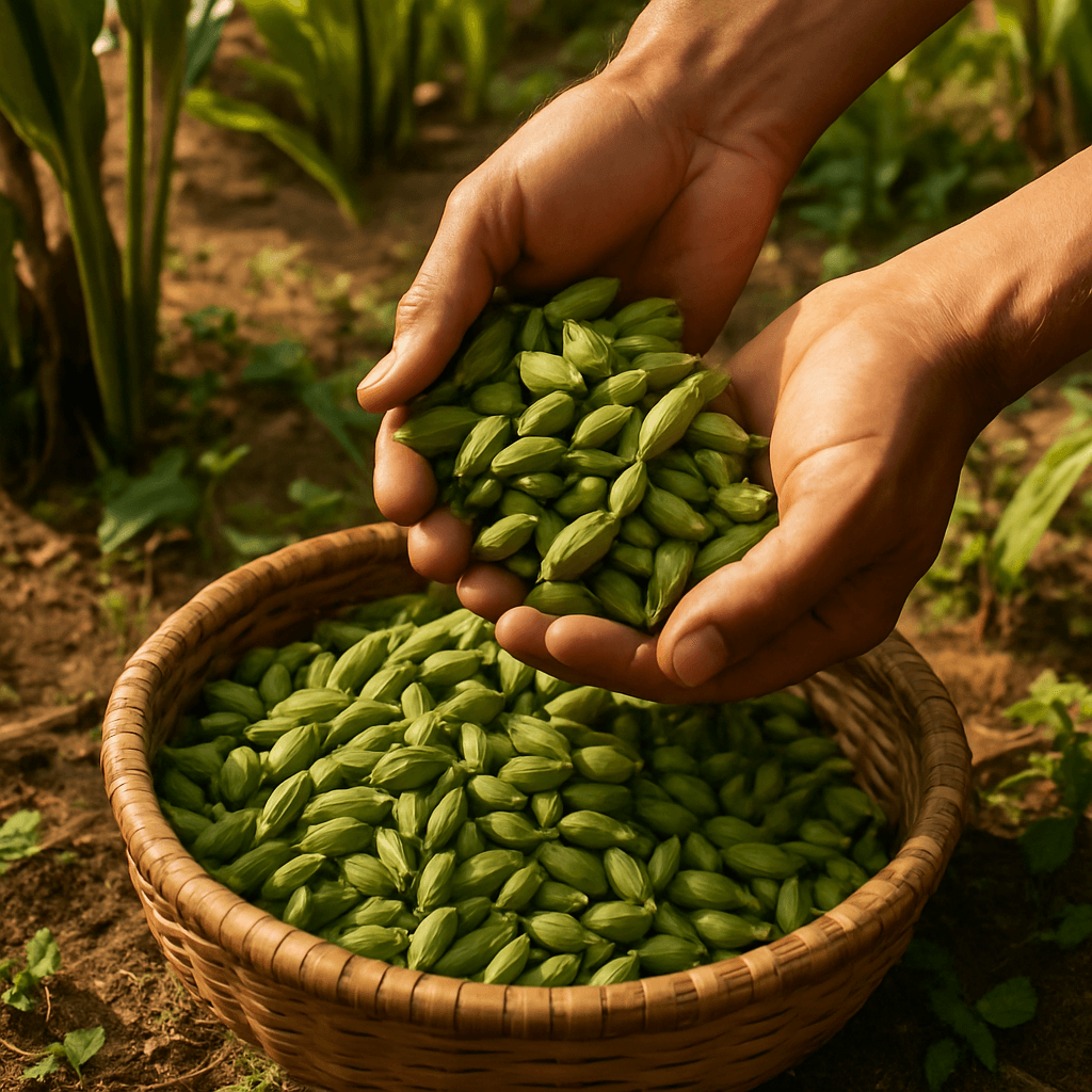 A picker hand-selecting three-quarter-ripe green cardamom capsules into a basket