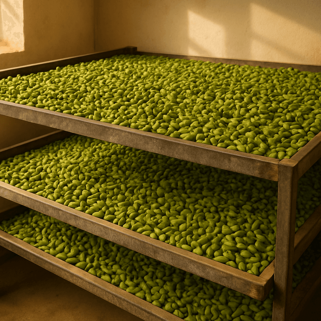 Green cardamom pods drying on curing trays to hold their colour