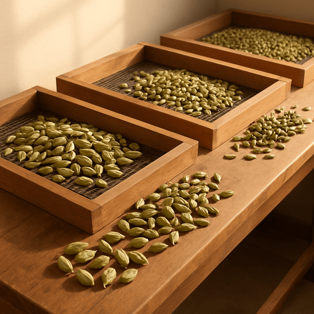 Cured cardamom pods being size-graded over a screen on the sorting line