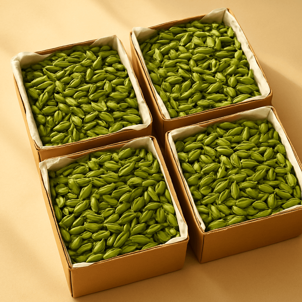 Paper-lined export cartons of green cardamom being weighed and packed for shipment