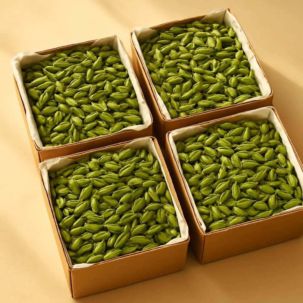 Paper-lined export cartons of green cardamom being weighed and packed for shipment