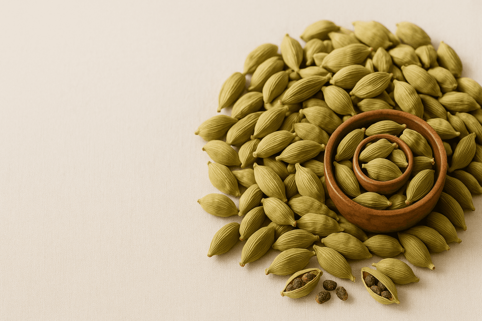 A heap of plump green cardamom pods from Tanzania's Eastern Arc highlands