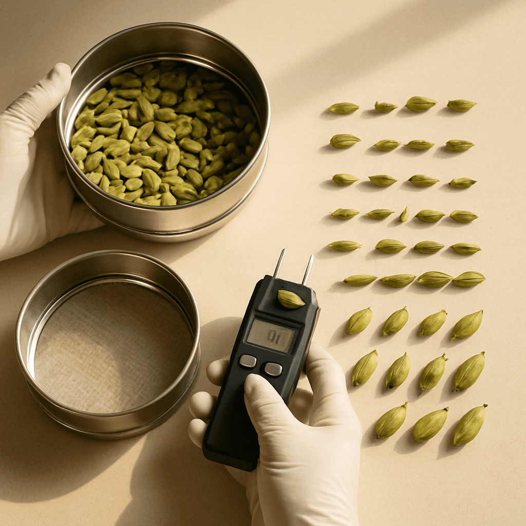 Cured green cardamom pods being inspected on a grading screen
