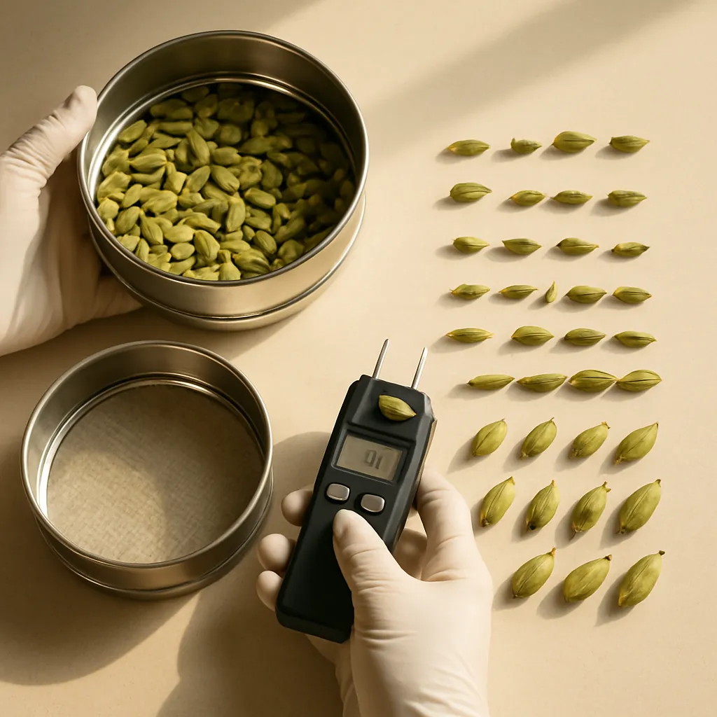 Green cardamom pods being inspected before use in food manufacturing