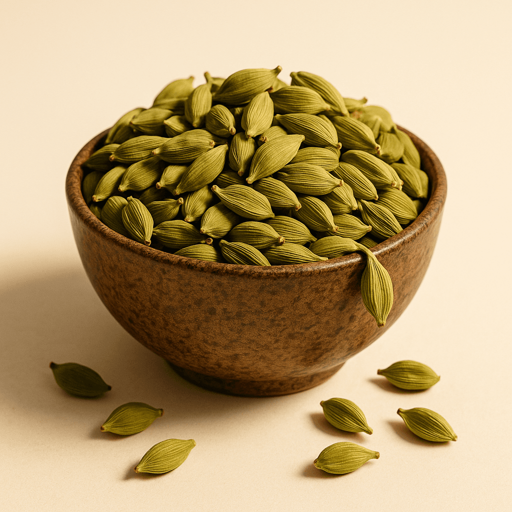 A bowl of fresh new-crop green cardamom pods