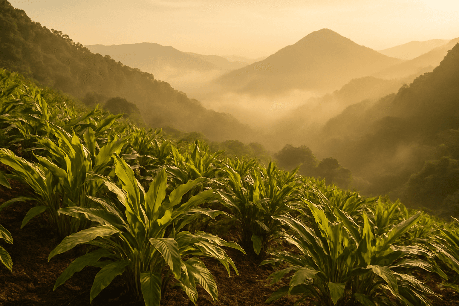 A wide view of a cardamom garden on a misty Tanzanian highland slope